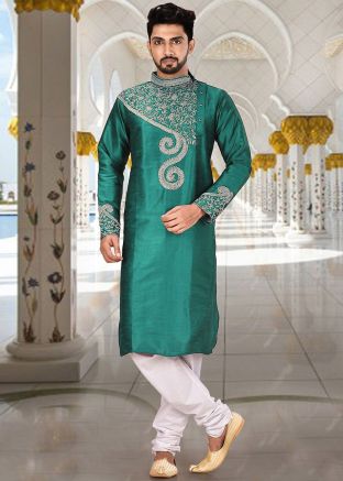 Green Dupion Silk Embroidered Kurta Churidar Set