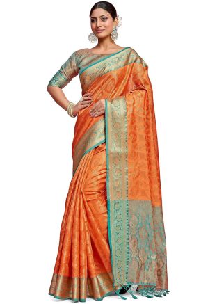 Orange Zari Woven Saree In Kanjivaram Silk