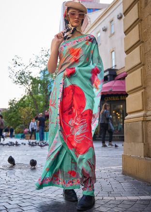 Green Crape Saree In Abstract Printed Work