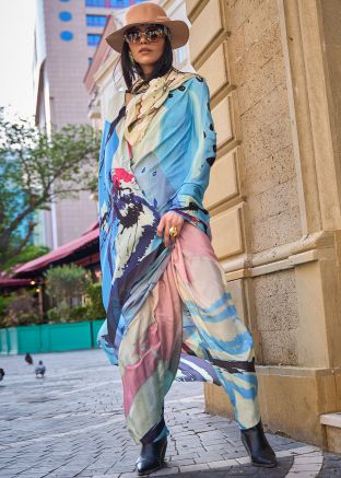 Blue Crape Saree In Abstract Print