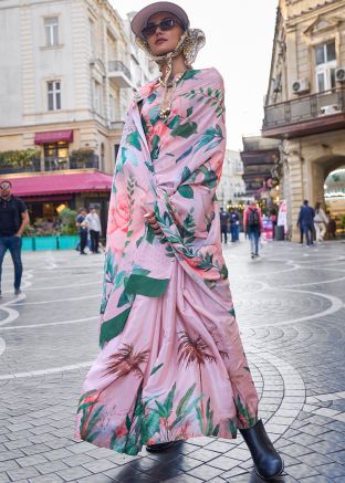 Peach Floral Printed Saree In Crape