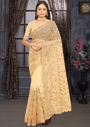 Cream Thread Embroidered Saree In Net