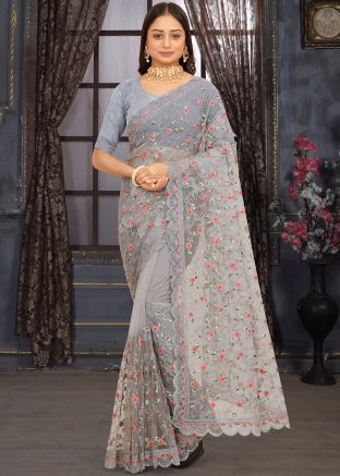 Grey Heavy Pallu Net Saree