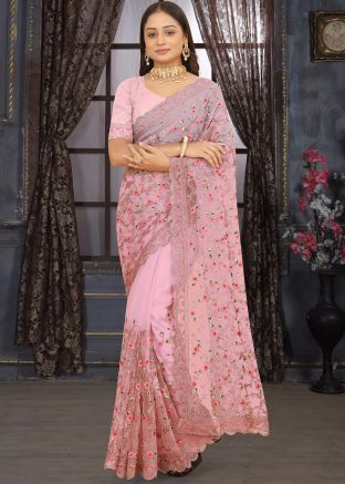 Pink Net Saree With Embroidered Pallu