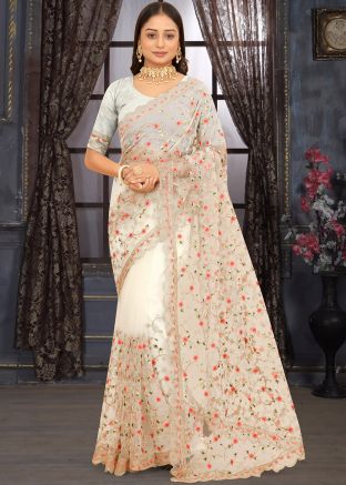 Off White Thread Embroidered Saree