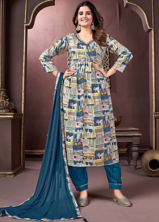 Blue & Grey Readymade Printed Pant Suit Set