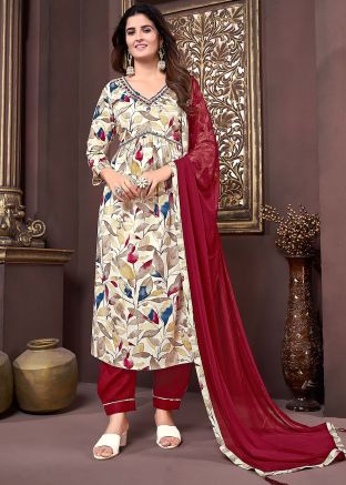 Cream & Brown Printed Readymade Pant Suit Set