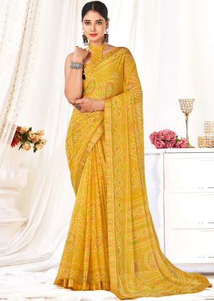 Yellow Bandhej Printed Chiffon Saree