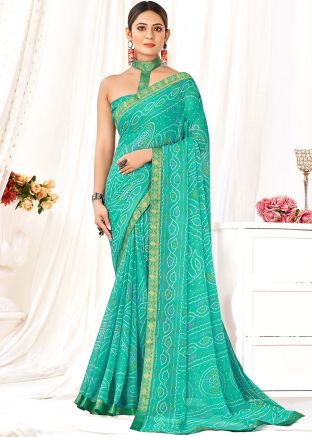 Turquoise Bandhej Printed Chiffon Saree