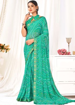 Turquoise Bandhej Printed Chiffon Saree
