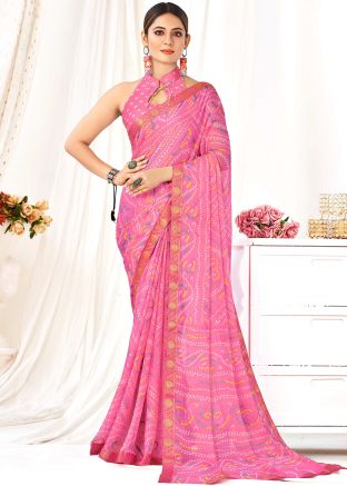 Pink Bandhej Printed Saree In Chiffon