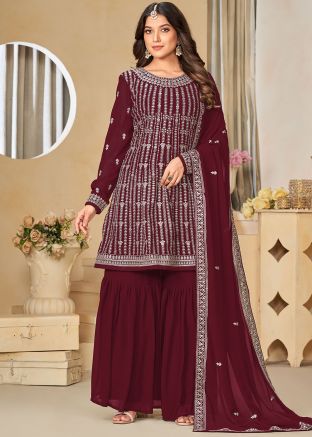 Maroon Embroidered Gharara Suit Set