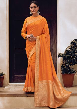 Orange Woven Border Saree In Viscose