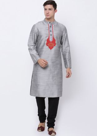 Grey Dupion Silk Readymade Kurta With Churidar