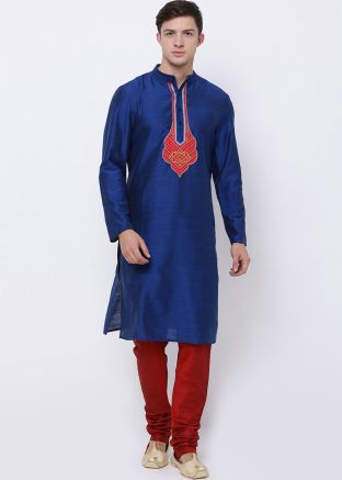 Readymade Blue Dupion Silk Kurta Churidar Set
