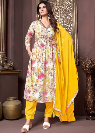 Cream Floral Printed Readymade Pant Suit Set