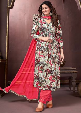 Green Floral Printed Readymade Pant Suit Set