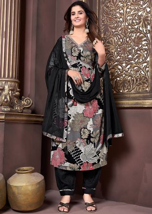 Black & Grey Floral Printed Readymade Pant Suit Set