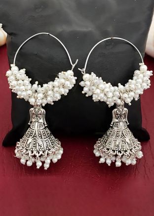 Silver Embossed Dangler Earrings In Beads Work