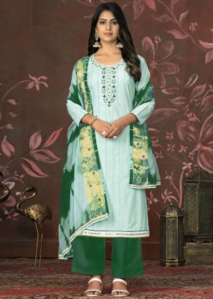 Blue Embroidered Suit Set In Cotton