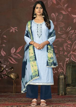 Blue Embroidered Suit Set In Cotton