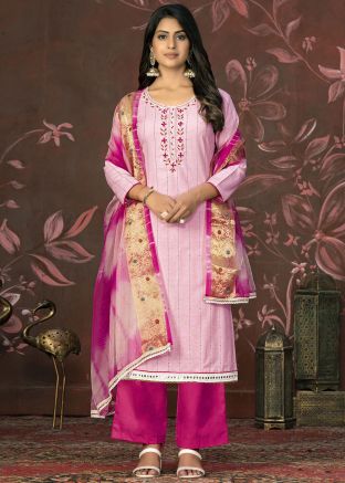 Pink Embroidered Suit Set In Cotton