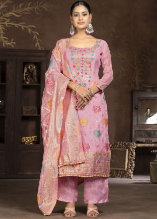 Pink Zari Woven Suit Set In Banarasi Silk