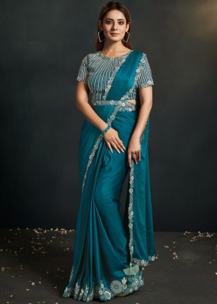 Teal Blue Readymade Embroidered Border Satin Saree