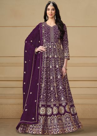 Purple Thread Embroidered Anarkali Suit In Georgette