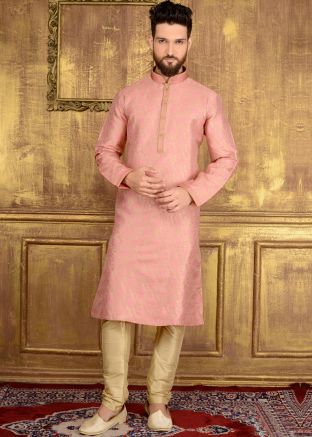 Readymade Light Pink Brocade Kurta Pyjama