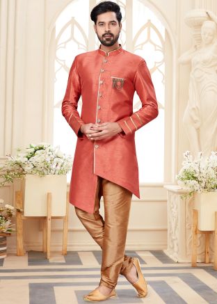 Orange Asymmetric Indowestern Sherwani Set