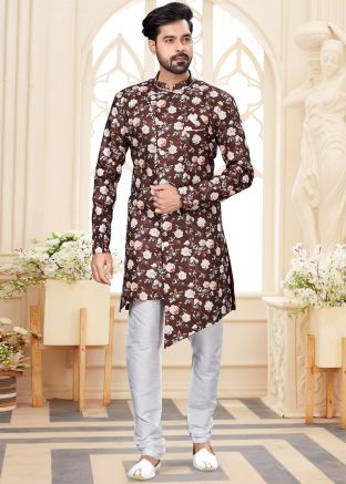 Brown Floral Digital Print Asymmetric Indowestern Sherwani
