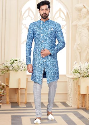 Blue Asymmetric Digital Printed Indowestern Sherwani Set