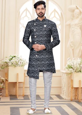 Black Digital Printed Asymmetric Indowestern Sherwani