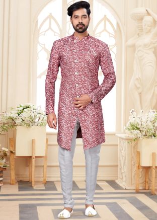 Pink Asymmetric Digital Printed Indowestern Sherwani Set