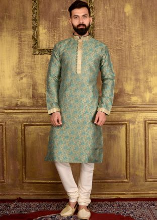 Readymade Beige Brocade Kurta Pyjama
