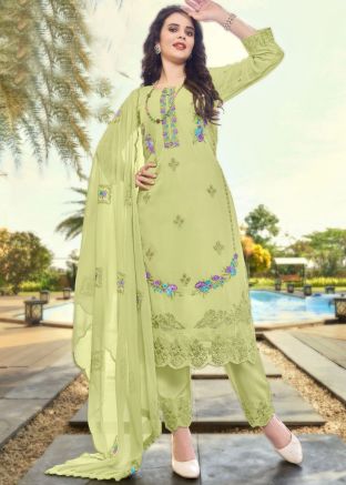 Light Green Embroidered Pant Suit Set