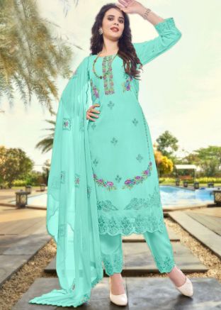 Blue Embroidered Pant Suit In Georgette