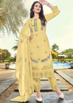 Yellow Embroidered Georgette Pant Suit