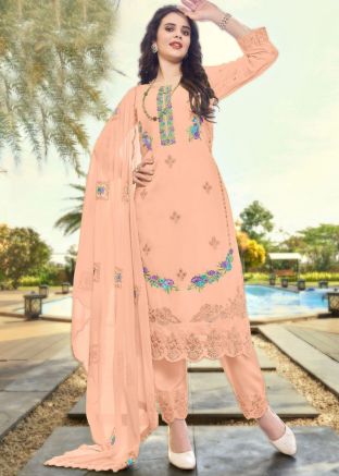 Peach Embroidered Georgette Pant Suit Set