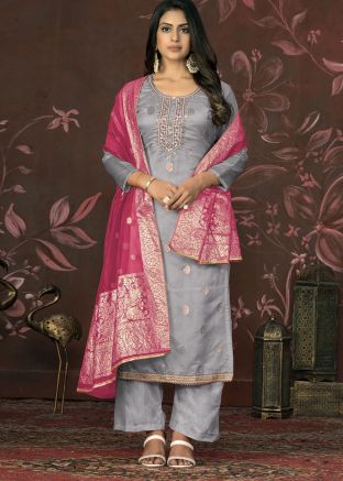 Grey Zari Woven Palazzo Suit In Banarasi Silk