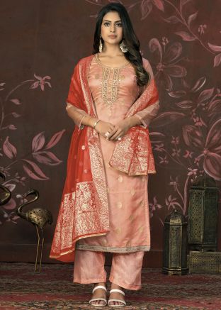 Peach Zari Woven Banarasi Silk Palazzo Suit