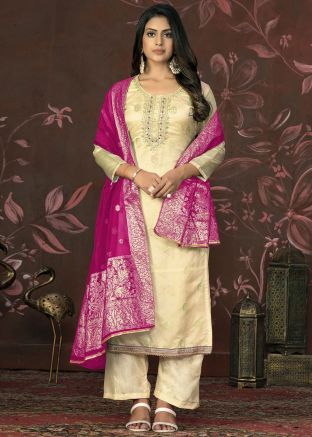 Cream Banarasi Silk Woven Palazzo Suit