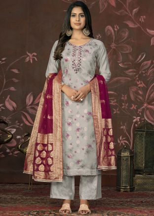 Grey Floral Print Rayon Palazzo Suit Set