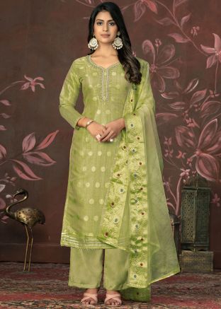 Parrot Green Zari Woven Palazzo Suit