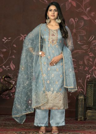 Pastel Blue Embroidered Organza Pant Suit Set