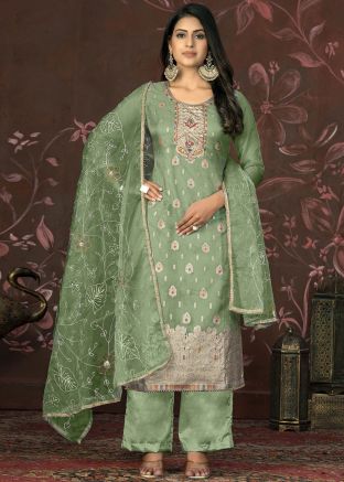 Pastel Green Embroidered Organza Pant Suit