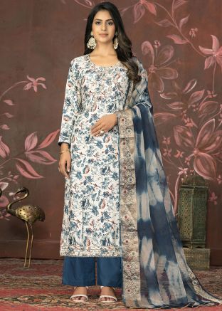 Blue Cotton Digital Printed Pant Suit Set