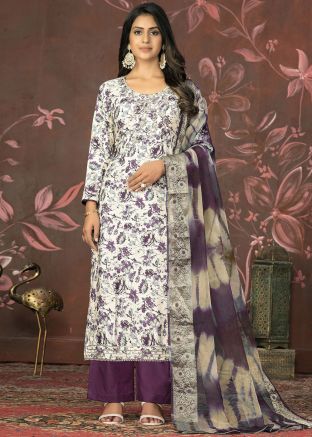 Purple Digital Floral Printed Cotton Pant Suit