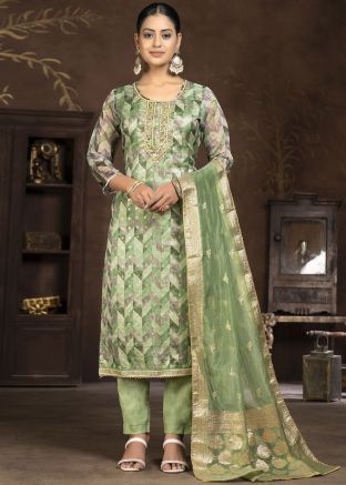 Green Organza Pant Suit In Gota Patti Work